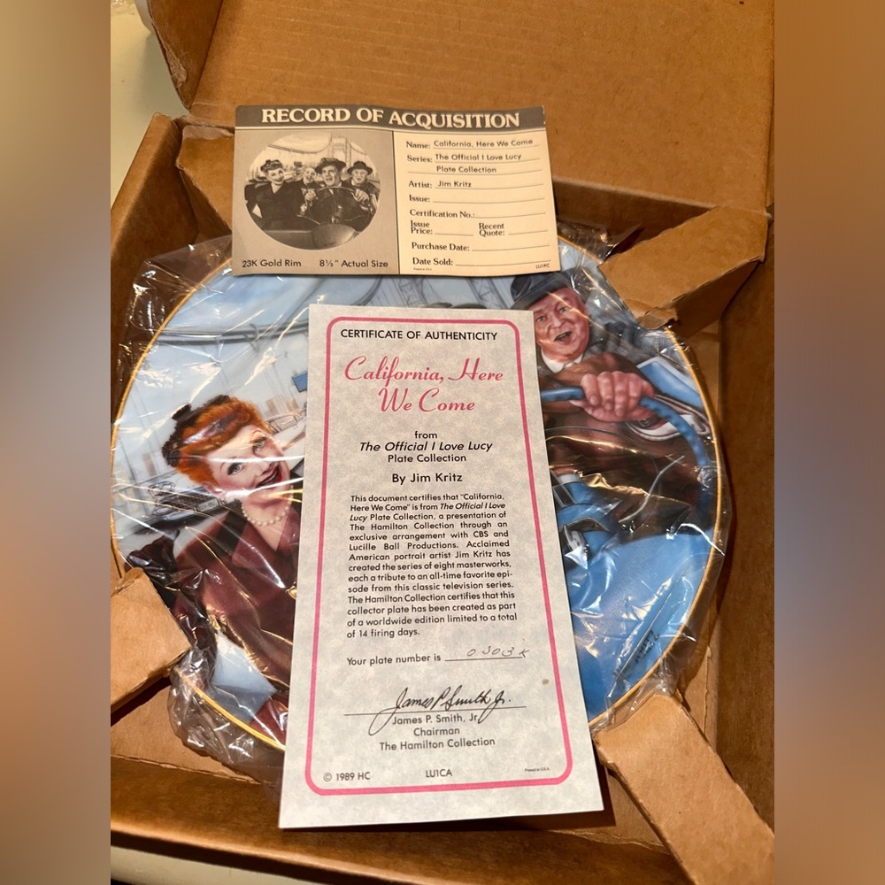 I LOVE LUCY CALIFORNIA HERE WE COME  HAMILTON COLLECTION PLATE JIM KIRTZ